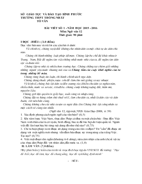 Bài viết số 1 - Năm học 2015 - 2016 môn Ngữ văn 12 - Trường THPT Thống Nhất